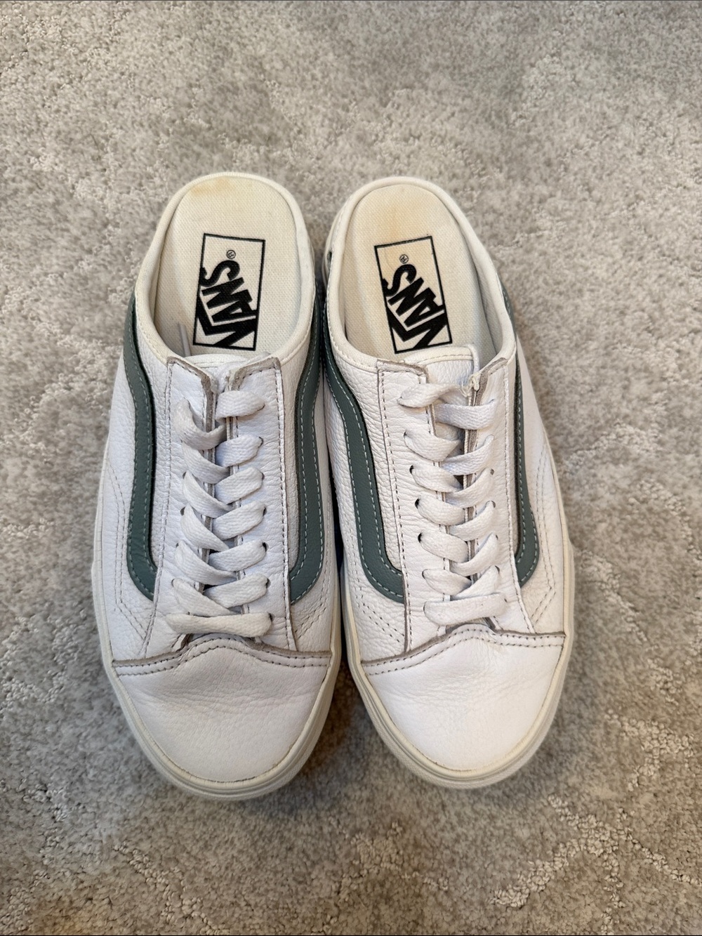 Vans White Leather Slip-On Sneakers with Green Side Stripe